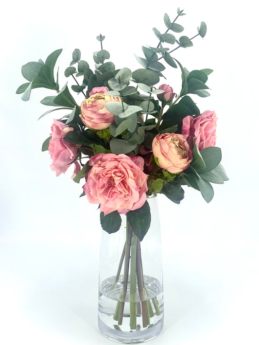The Coral Native One: Real Touch Ranunculas and Roses in a Slimline Vase