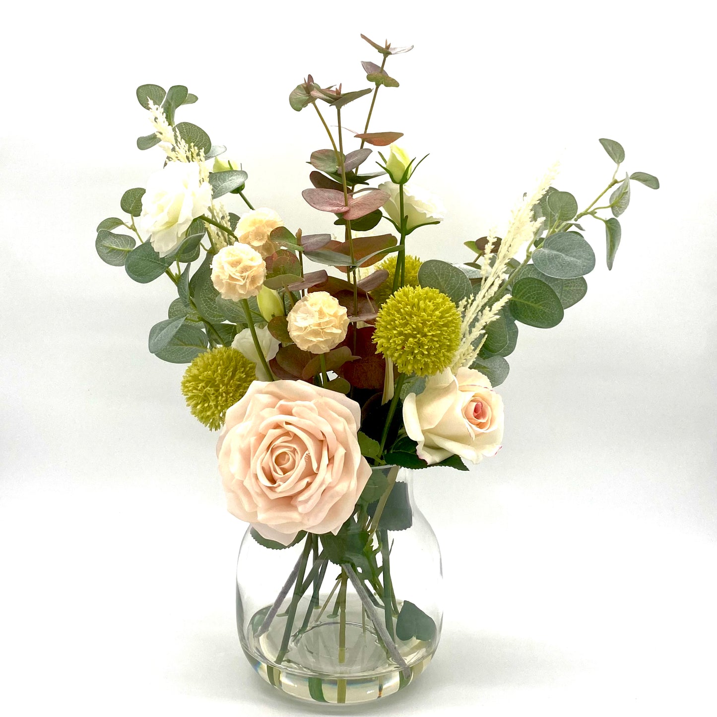 The Flowering Native One: Soft Pink Roses, White Lisianthas, and More in a Classic Glass Vase